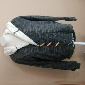 Hurley Green Striped Faux Fur Lined Hooded Jacket Size M